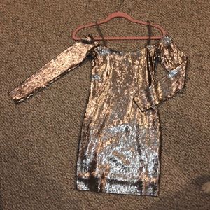 Sequined off the shoulder mini dress